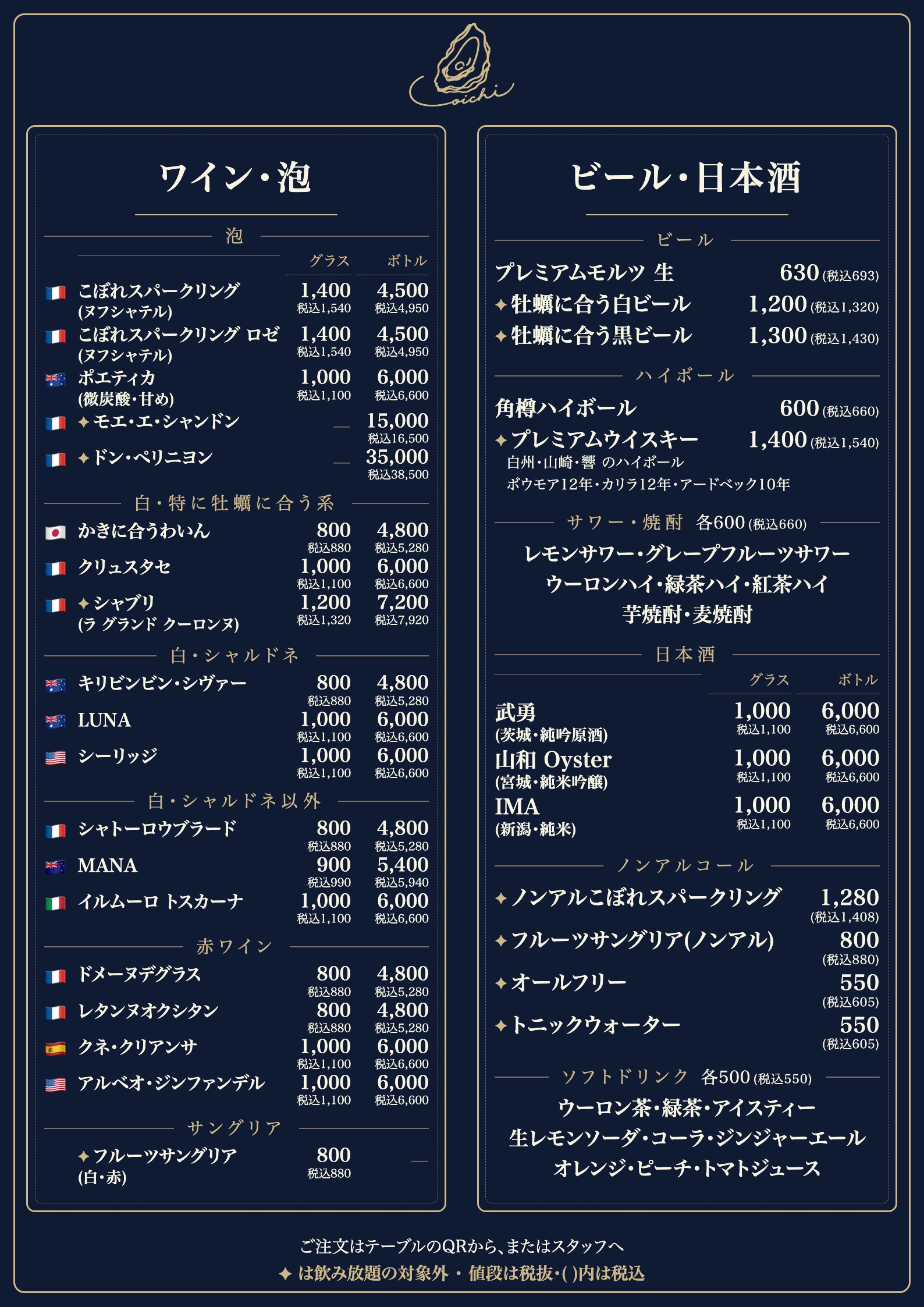 ドリンクメニュー(ワイン・泡・ビール・日本酒・ノンアルコール)